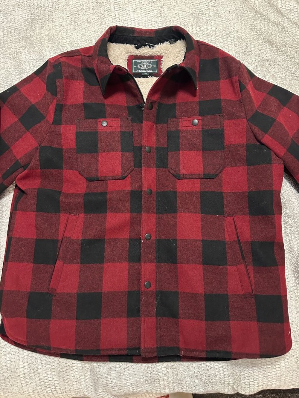 G.H. Bass Sherpa Lined Buffalo Plaid Shirt Jacket Shacket Red Black Men's L